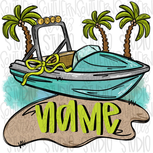 Ski Boat on the water with sand name patch and bow | Palm trees | beach | Sublimation Design | Digital Download | Women’s, Kids Shirt PNG