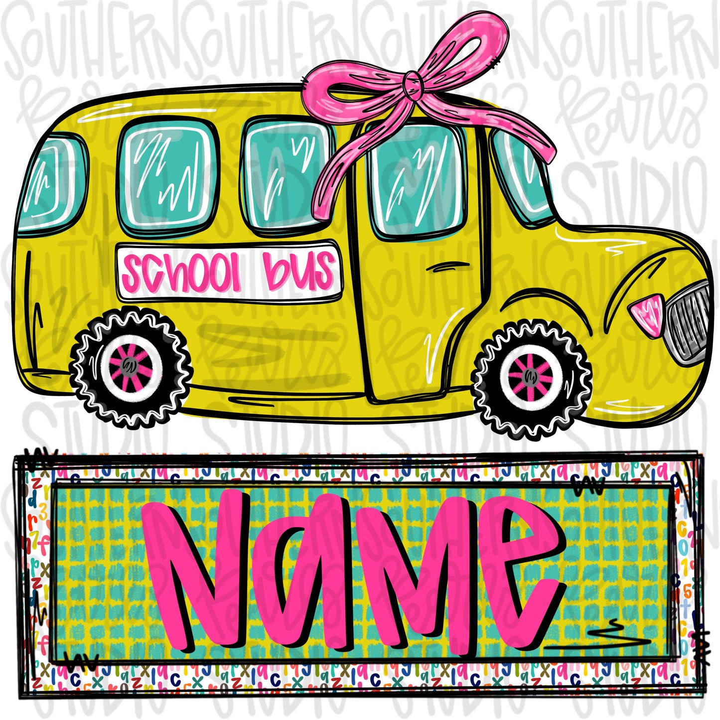 School bus wearing a bow with name patch | Sublimation Design | Digital Download | Women’s, Kids Shirt PNG