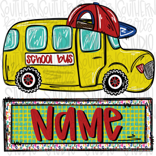 School bus wearing a hat with name patch | Sublimation Design | Digital Download | Women’s, Kids Shirt PNG