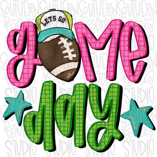 Game day Football with hat | stars | colorful | Go Team | 2 files | front and back designs | PNG | Sublimation | Design Download