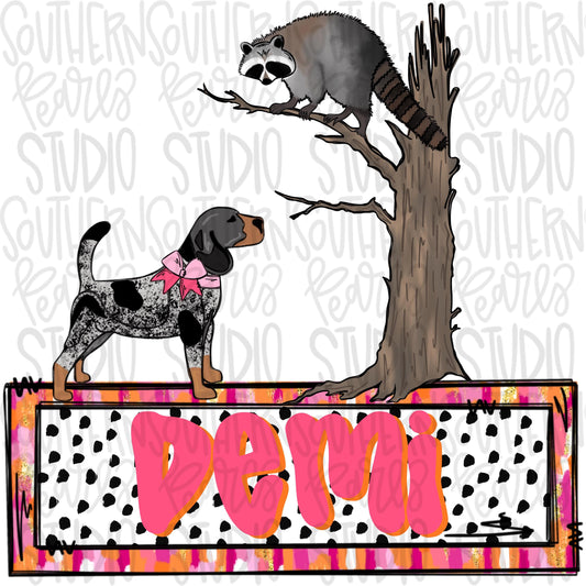 Coon hunting with blue tick hound name plate girly | Sublimation Design | Digital Download | Women’s, Kids Shirt PNG