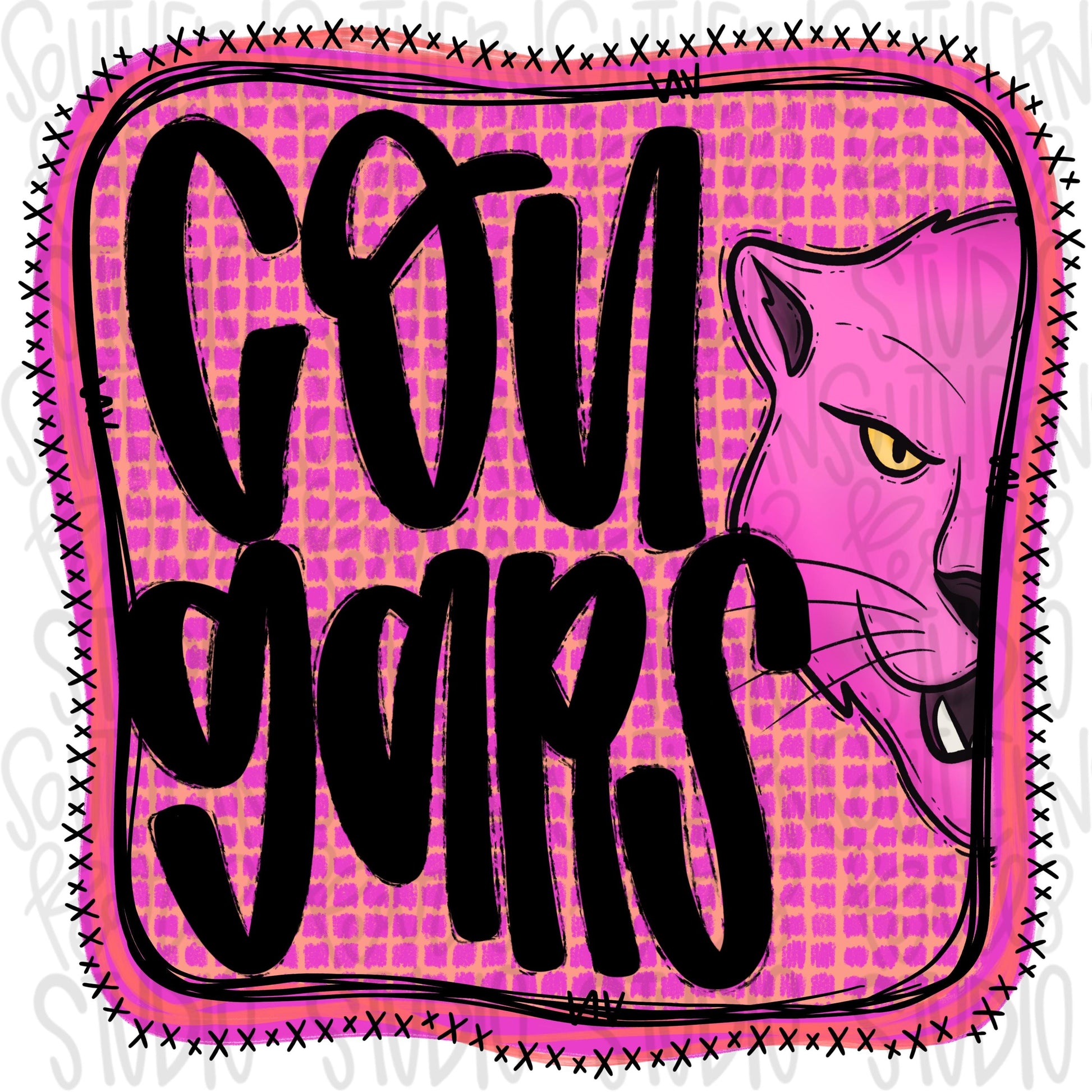 Cougars | Neon pink Mascot in frame | front and back designs | Sublimation Design | Digital Download | Women’s, Kids Shirt PNG