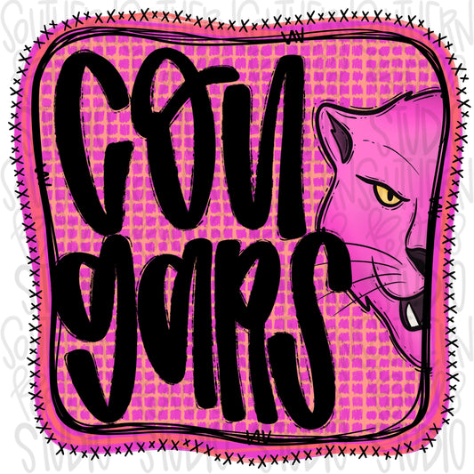 Cougars | Neon pink Mascot in frame | front and back designs | Sublimation Design | Digital Download | Women’s, Kids Shirt PNG