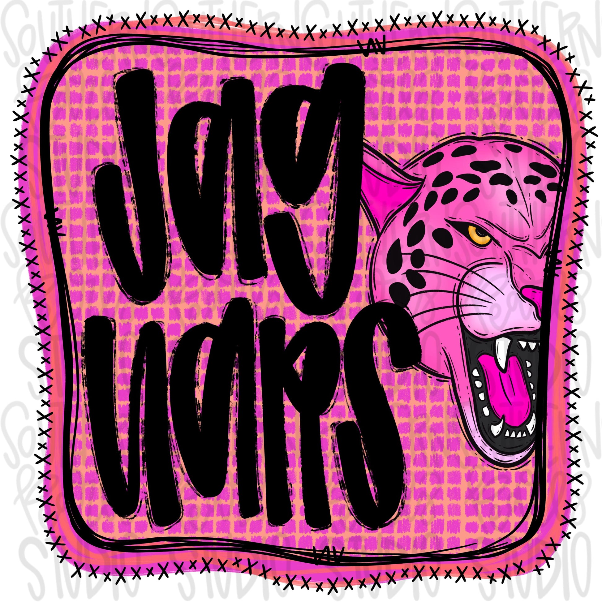 Jaguars | Neon pink Mascot in frame | front and back designs | Sublimation Design | Digital Download | Women’s, Kids Shirt PNG