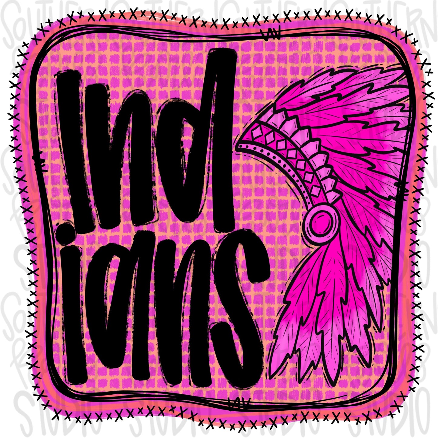 Indians | Neon pink Mascot in frame | front and back designs | Sublimation Design | Digital Download | Women’s, Kids Shirt PNG