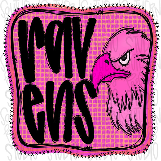 Ravens | Neon pink Mascot in frame | front and back designs | Sublimation Design | Digital Download | Women’s, Kids Shirt PNG