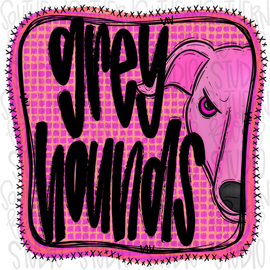 Greyhounds | Neon pink Mascot in frame | front and back designs | Sublimation Design | Digital Download | Women’s, Kids Shirt PNG