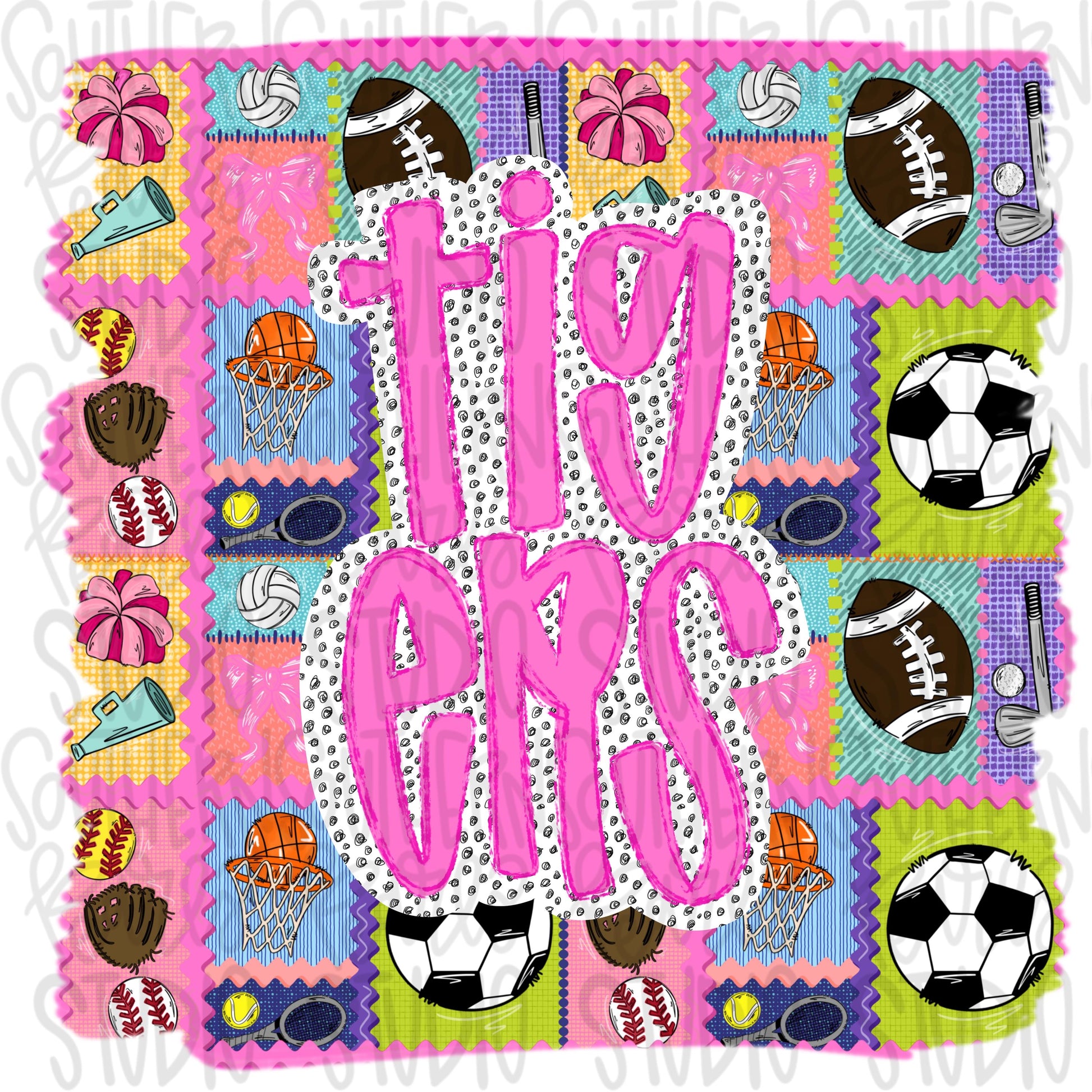 Tigers | Mascot in frame | sports stamp collage | football, basketball, baseball, soccer, volleyball, tennis, cheer, golf | PNG download