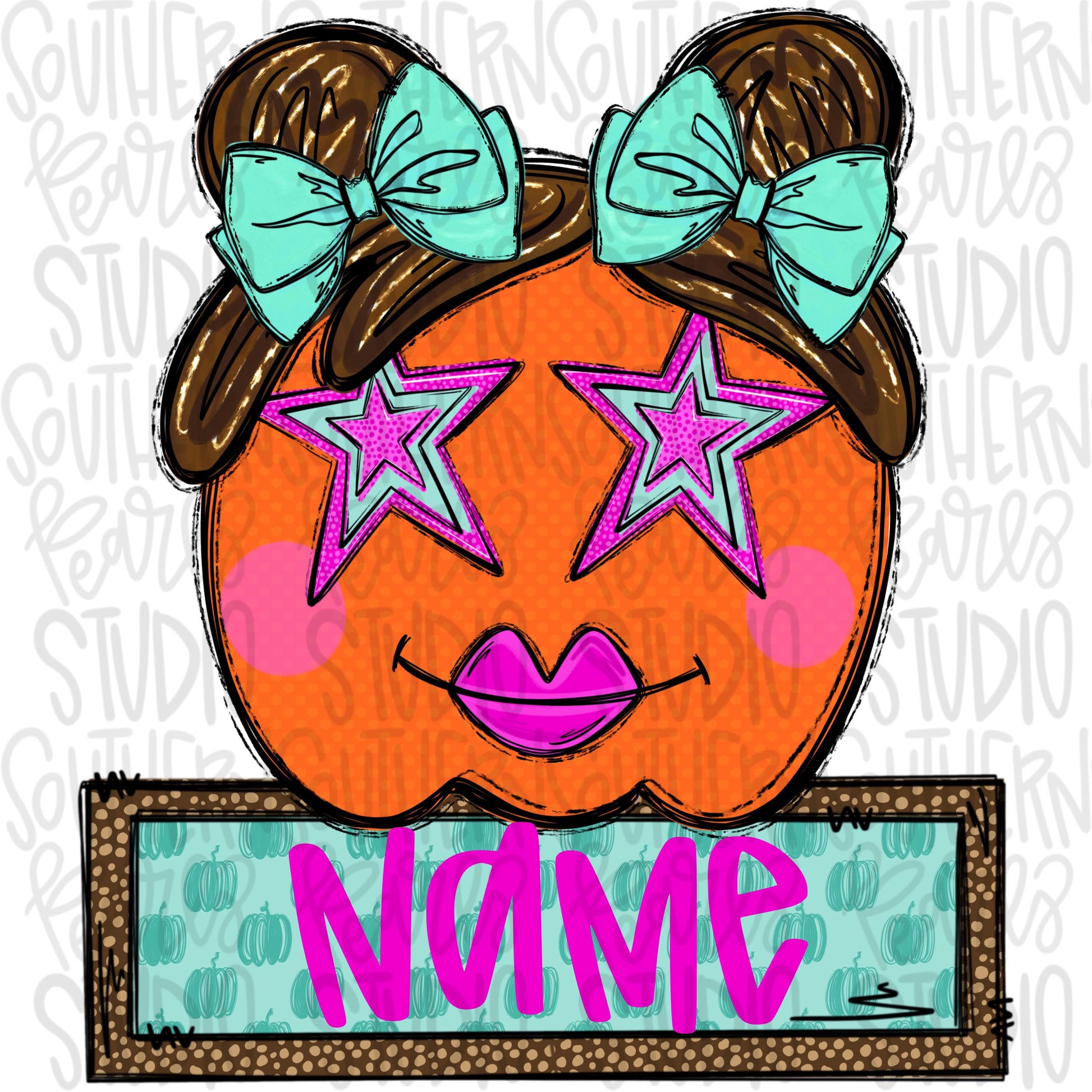 Pumpkin girl with Star eyes and bow with Name Patch | Sublimation Design | Digital Download | Women’s, Kids Shirt PNG