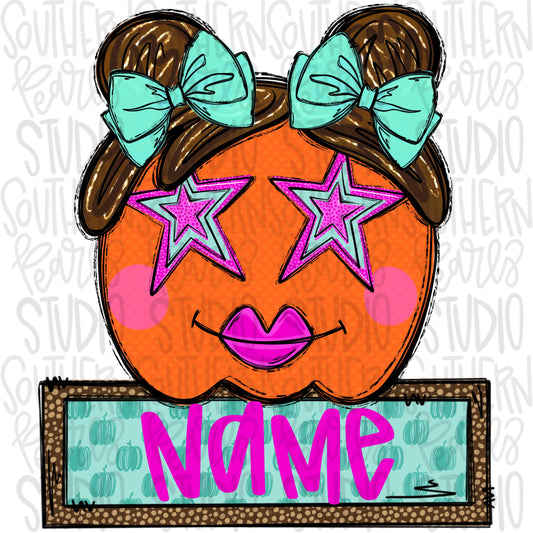 Pumpkin girl with Star eyes and bow with Name Patch | Sublimation Design | Digital Download | Women’s, Kids Shirt PNG