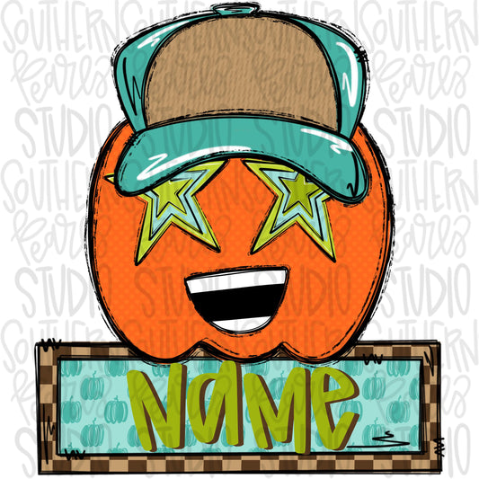 Pumpkin boy with Star eyes and bow with Name Patch | Sublimation Design | Digital Download | Women’s, Kids Shirt PNG