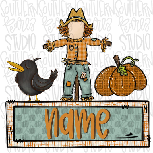 Scarecrow, crow and pumpkin trio with Name Patch | Sublimation Design | Digital Download | Women’s, Kids Shirt PNG