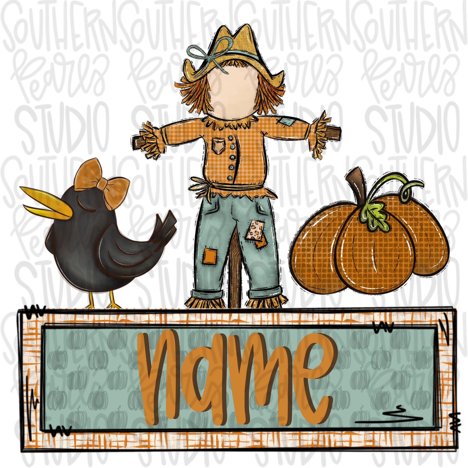 Scarecrow, crow and pumpkin with bows trio with Name Patch | Sublimation Design | Digital Download | Women’s, Kids Shirt PNG