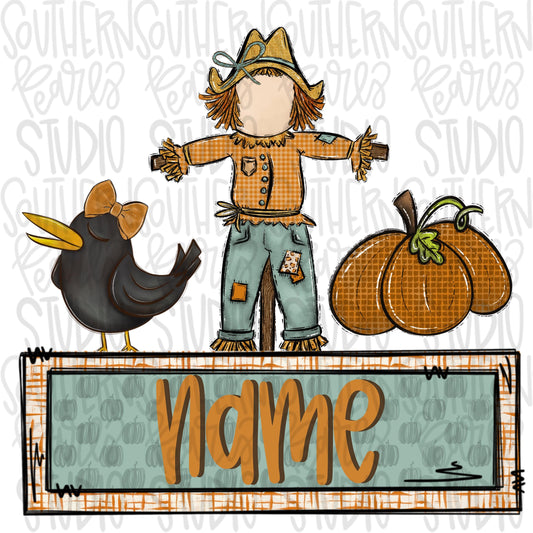 Scarecrow, crow and pumpkin with bows trio with Name Patch | Sublimation Design | Digital Download | Women’s, Kids Shirt PNG