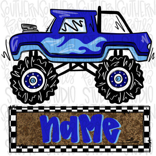 Monster truck Royal blue with name patch | Sublimation Design | Digital Download | Women’s, Kids Shirt PNG