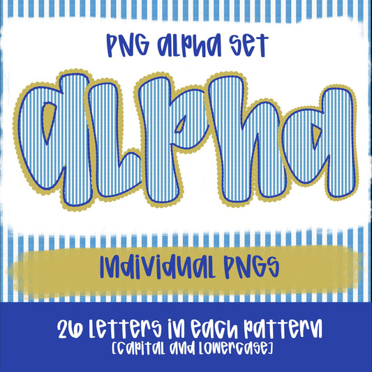 Seersucker Alpha Royal and Vegas gold | PNG Font | Sublimation Design | Digital Download | Women’s, Kids Shirt PNG