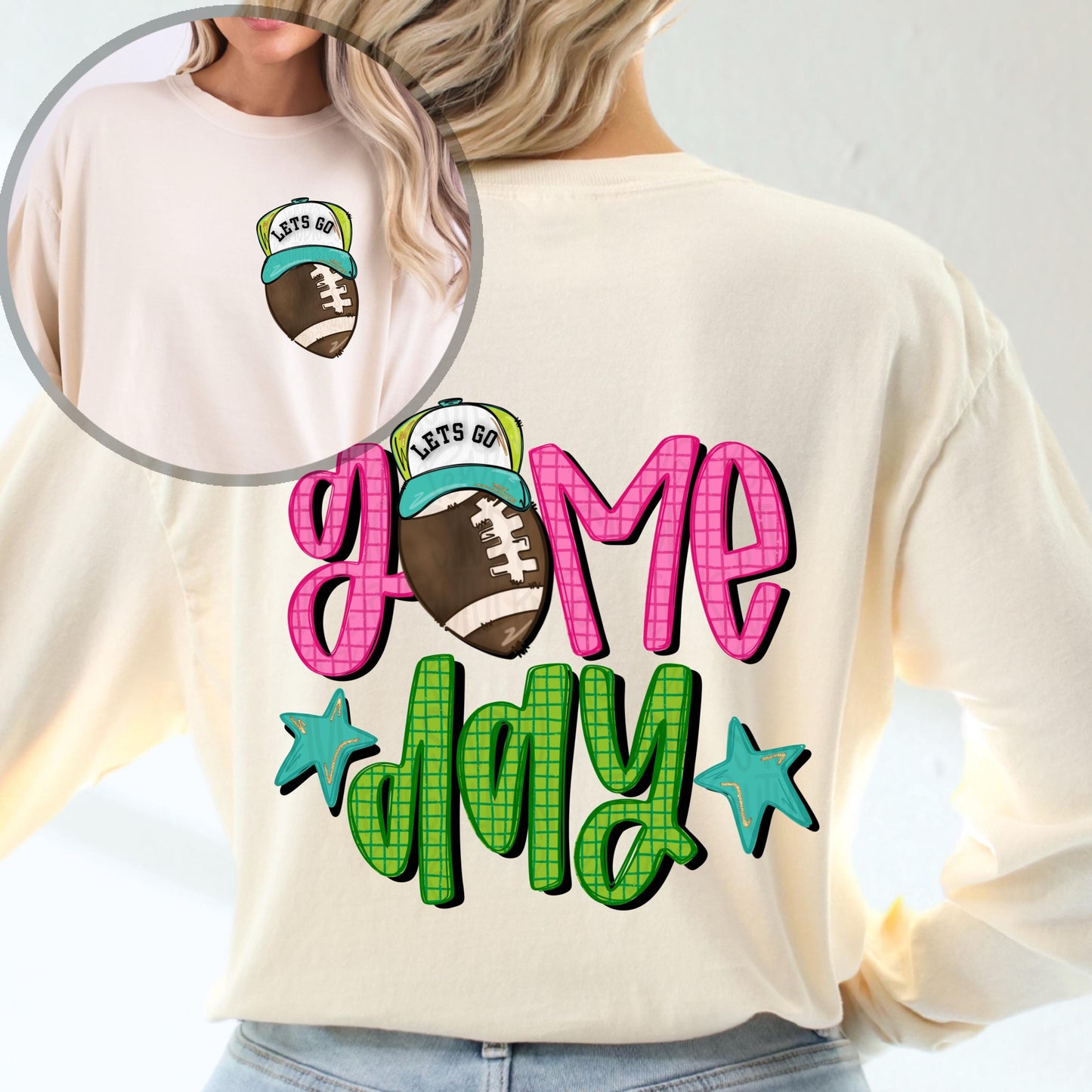 Game day Football with hat | stars | colorful | Go Team | 2 files | front and back designs | PNG | Sublimation | Design Download