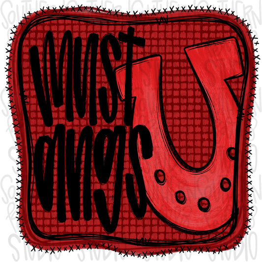 Mustangs | red Mascot in frame | front and back designs | Sublimation Design | Digital Download | Women’s, Kids Shirt PNG