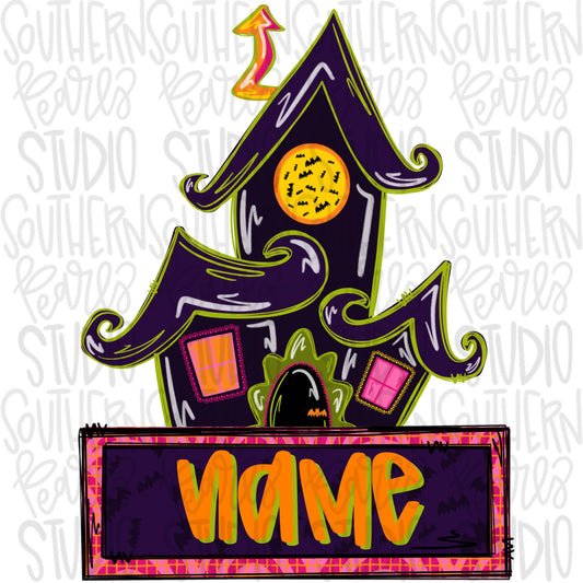 Haunted House with name patch girl | Halloween | Sublimation Design | Digital Download | Women’s, Kids Shirt PNG