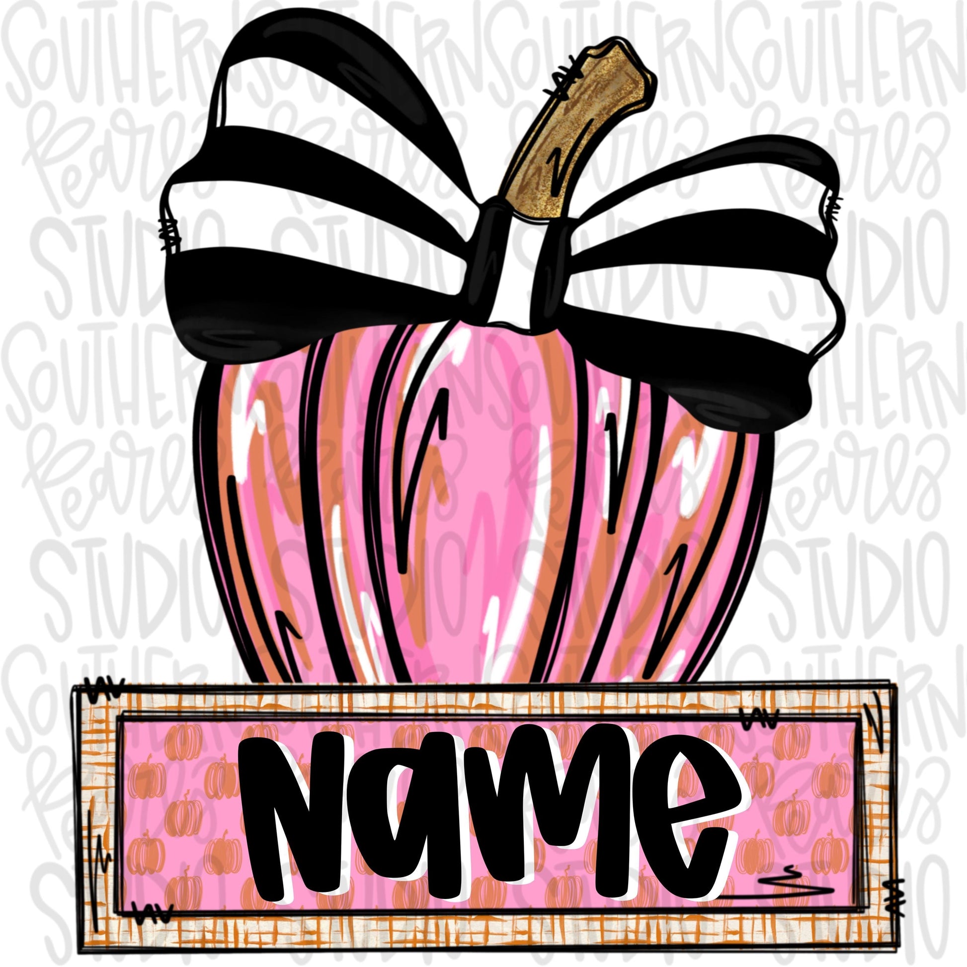 Pink pumpkin with black and white bow and name patch | Sublimation Design | Digital Download | Women’s, Kids Shirt PNG