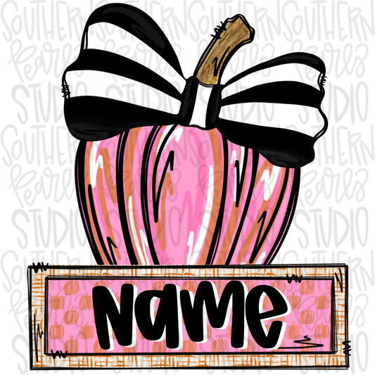 Pink pumpkin with black and white bow and name patch | Sublimation Design | Digital Download | Women’s, Kids Shirt PNG