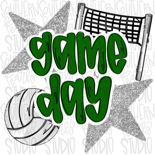Game Day volleyball | green and silver | Go Team | PNG | Sublimation | Design Download