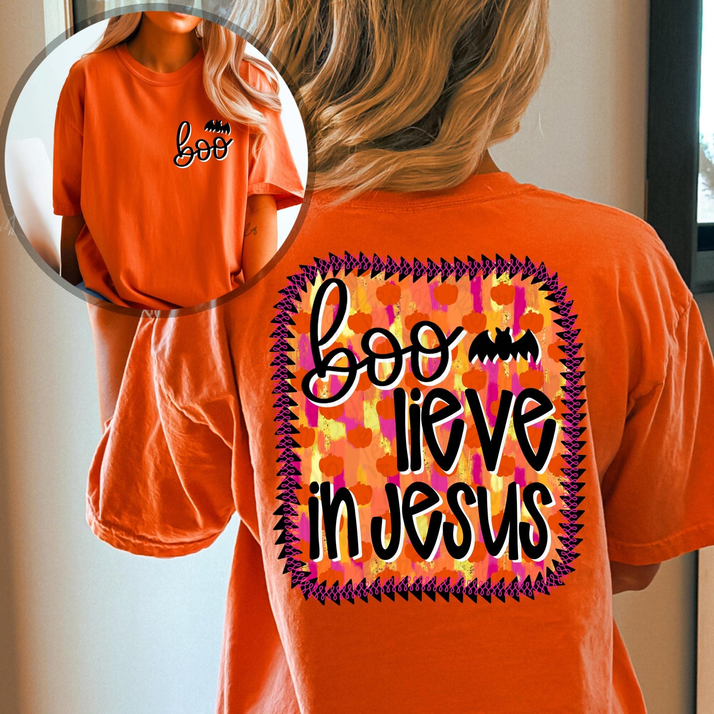 Boo-lieve in Jesus | Halloween | 2 designs front and back | brushstrokes | Sublimation Design | Digital Download | Women’s, Kids Shirt PNG