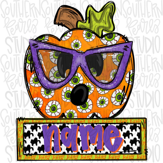 Jack o lantern with glasses and name patch boy | Halloween | Sublimation Design | Digital Download | Women’s, Kids Shirt PNG