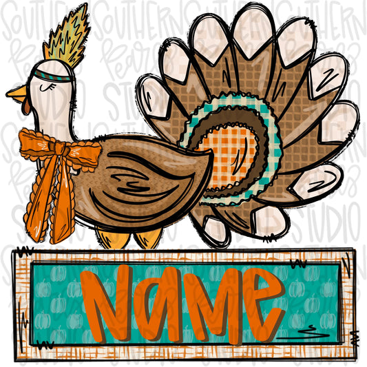 Turkey with Indian feather and bow with Name Patch | Sublimation Design | Digital Download | Women’s, Kids Shirt PNG