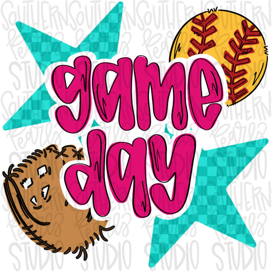 Game Day Softball | hot pink and turquoise | Go Team | PNG | Sublimation | Design Download