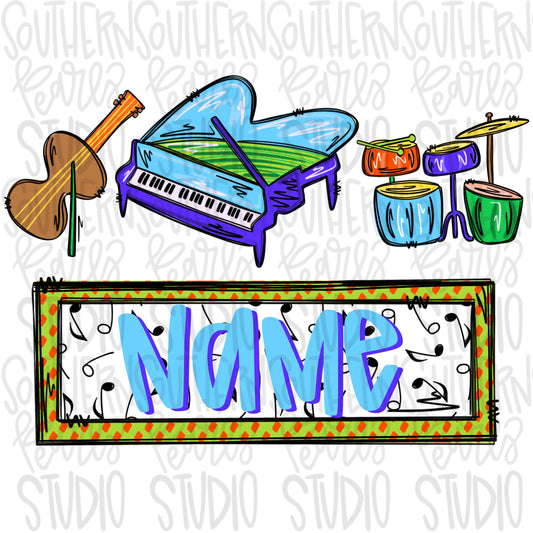 Violin piano and drums with name patch | Music | Sublimation Design | Digital Download | Women’s, Kids Shirt PNG