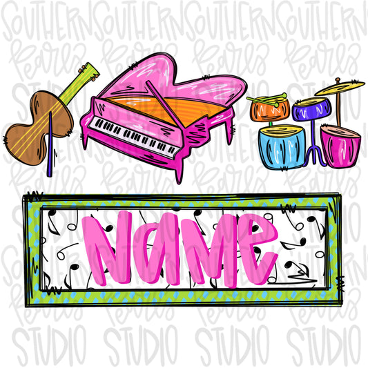 Violin piano and drums with name patch girly | Music | Sublimation Design | Digital Download | Women’s, Kids Shirt PNG