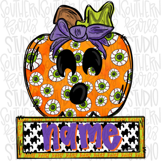 Jack o lantern with bow and name patch girl | Halloween | Sublimation Design | Digital Download | Women’s, Kids Shirt PNG