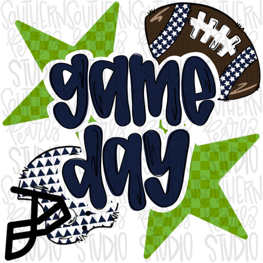 Game Day Football and helmet | lime green and navy | Go Team | PNG | Sublimation | Design Download