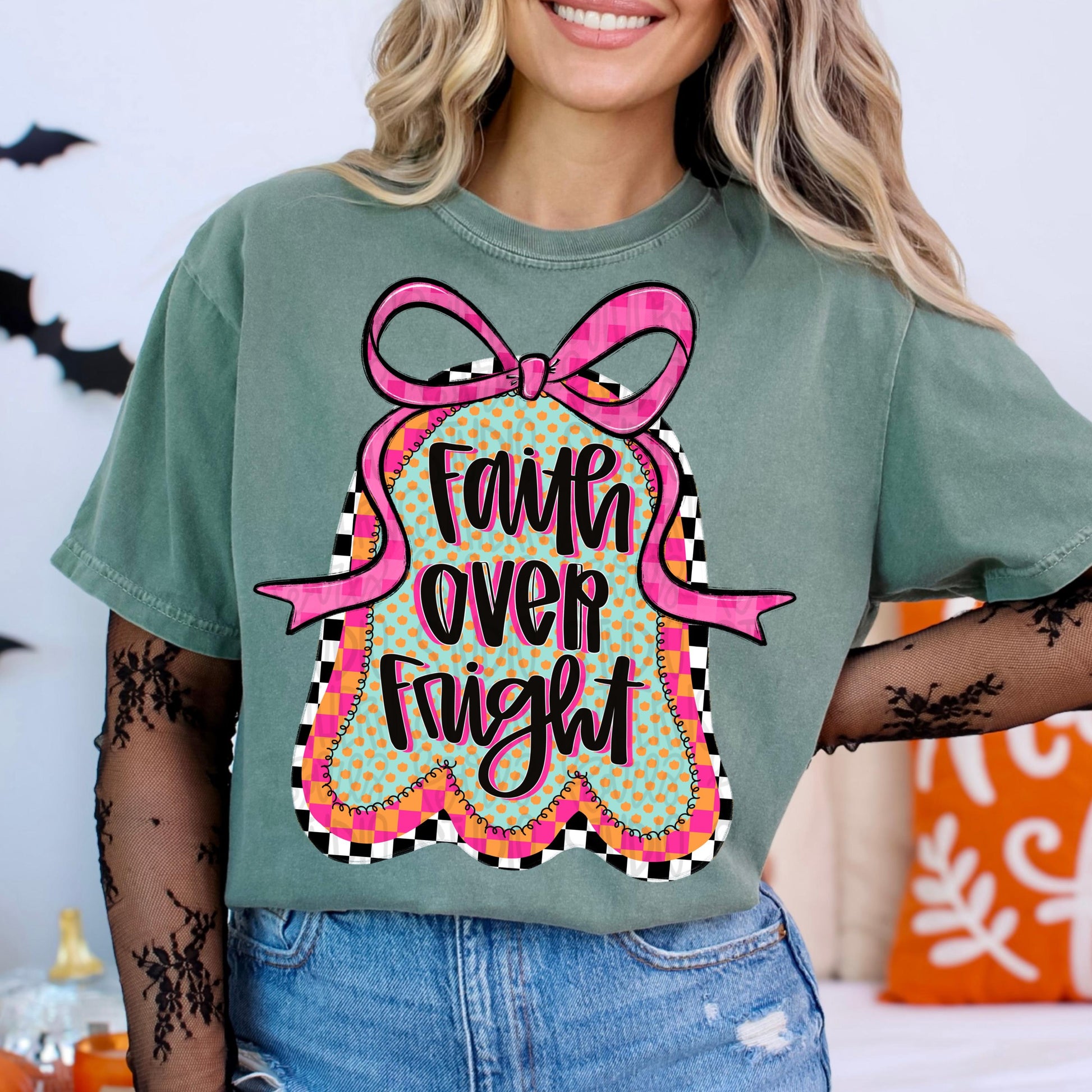 Faith over Fright checkered ghost with bow | Sublimation Design | Digital Download | Women’s, Kids Shirt PNG