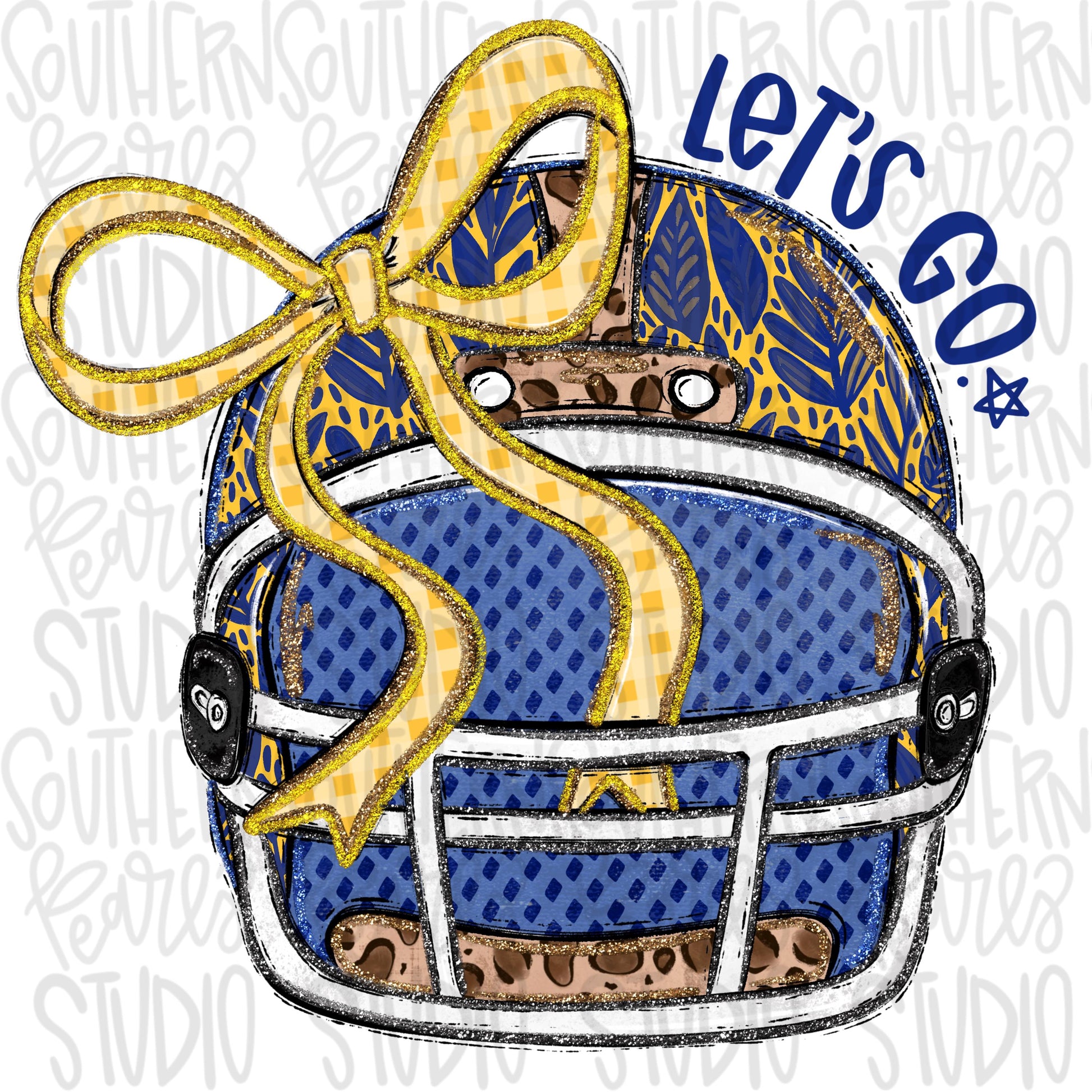 Helmet with bow | Royal and Yellow | leopard and glitter | Lets Go | Go Team | PNG | Sublimation | Design Download