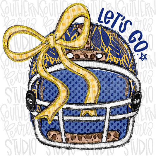 Helmet with bow | Royal and Yellow | leopard and glitter | Lets Go | Go Team | PNG | Sublimation | Design Download