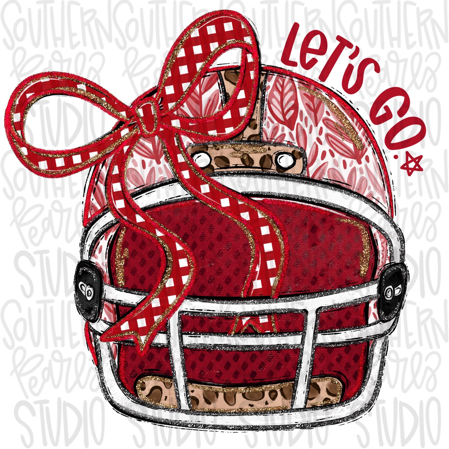 Helmet with bow | Red and white | leopard and glitter | Lets Go | Go Team | PNG | Sublimation | Design Download