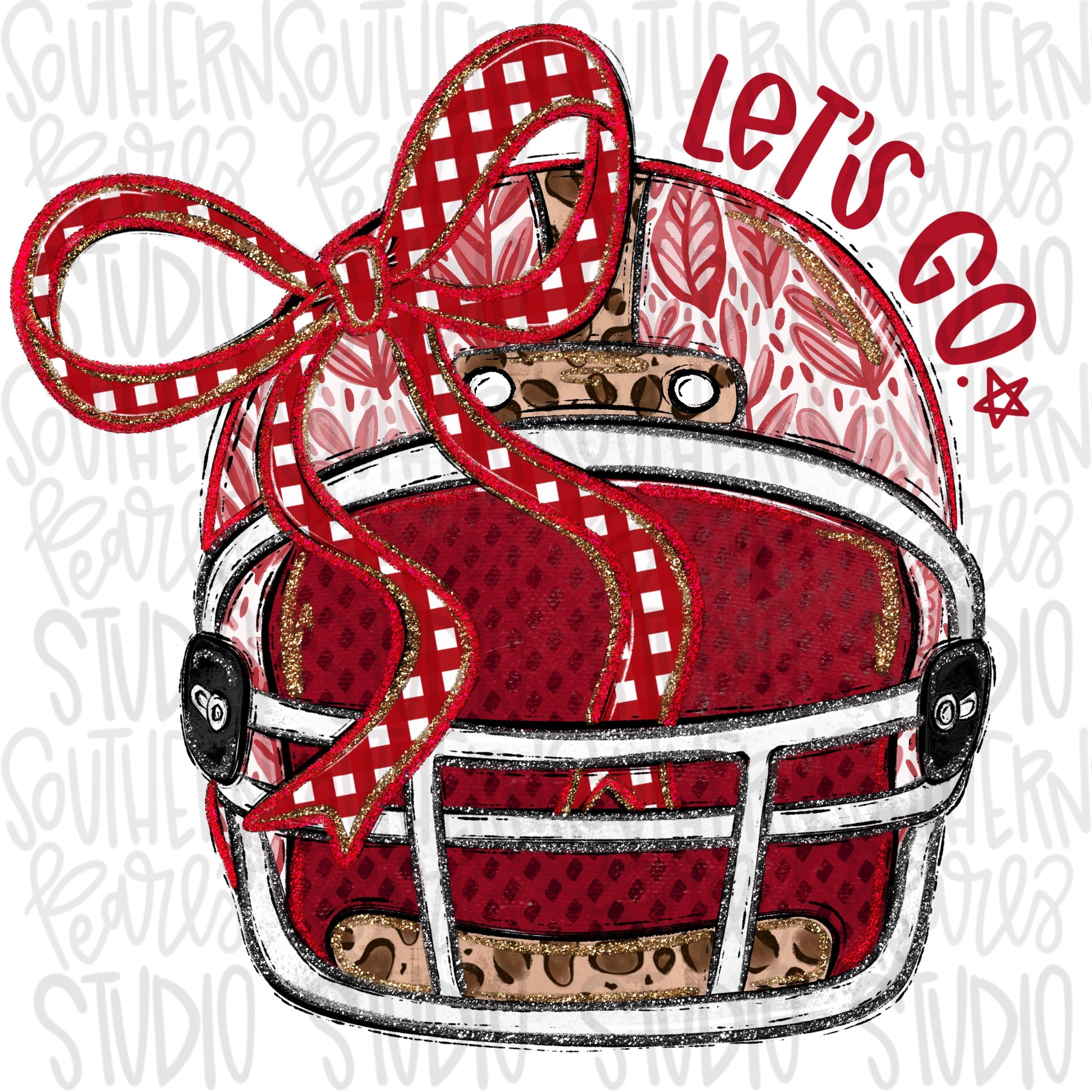 Helmet with bow | Red and white | leopard and glitter | Lets Go | Go Team | PNG | Sublimation | Design Download