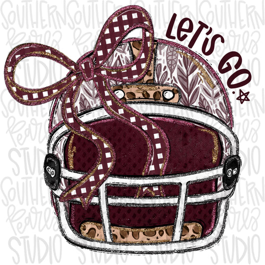 Helmet with bow | Maroon and White | leopard and glitter | Lets Go | Go Team | PNG | Sublimation | Design Download