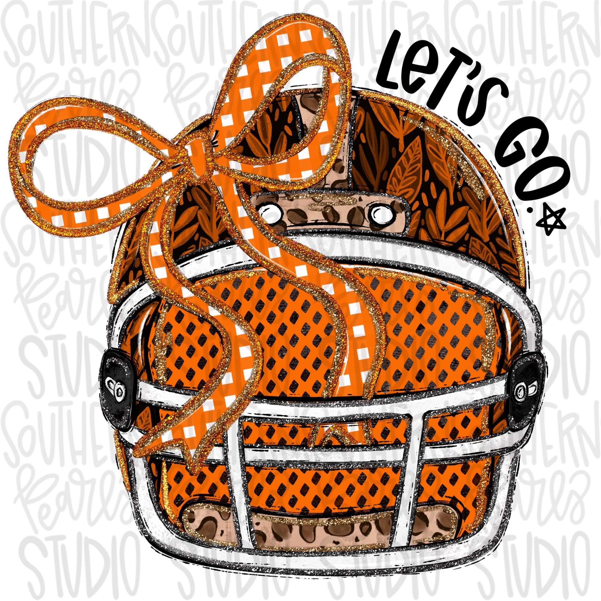Helmet with bow | Orange and Black | leopard and glitter | Lets Go | Go Team | PNG | Sublimation | Design Download