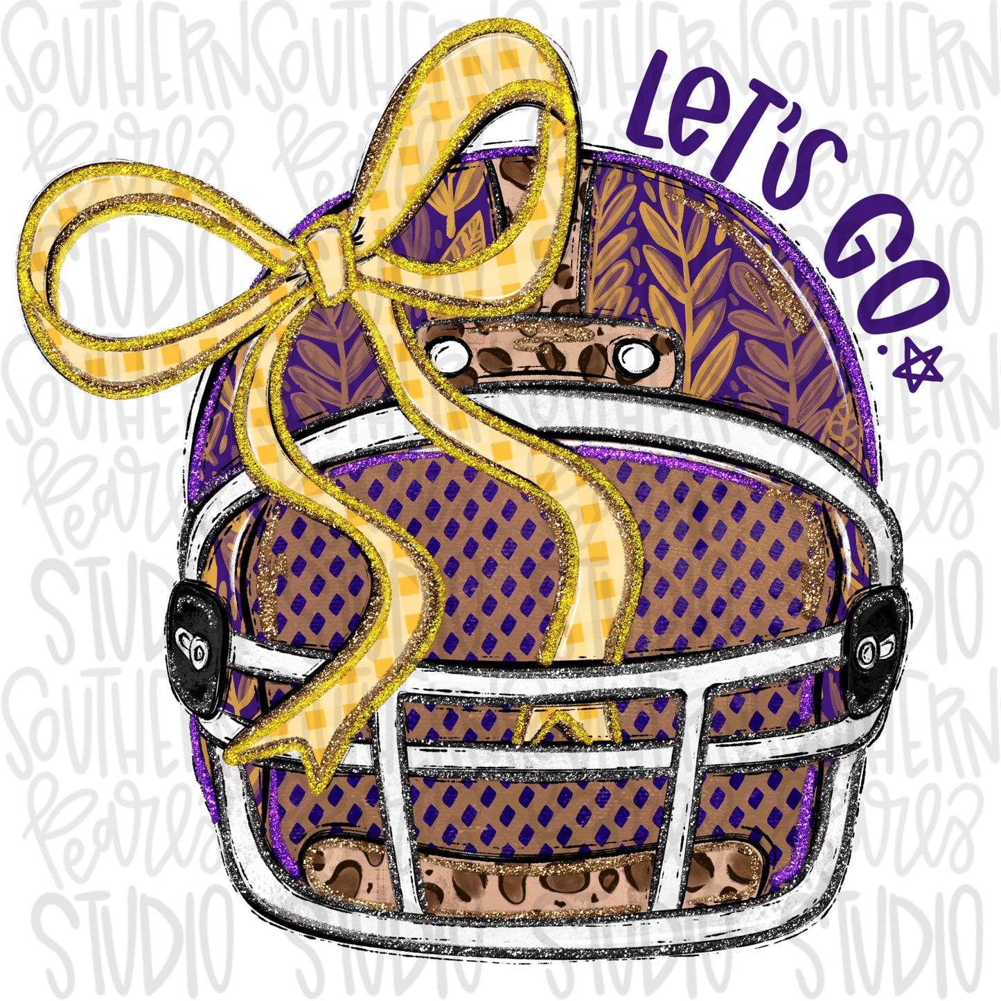 Helmet with bow | Purple and Yellow | leopard and glitter | Lets Go | Go Team | PNG | Sublimation | Design Download