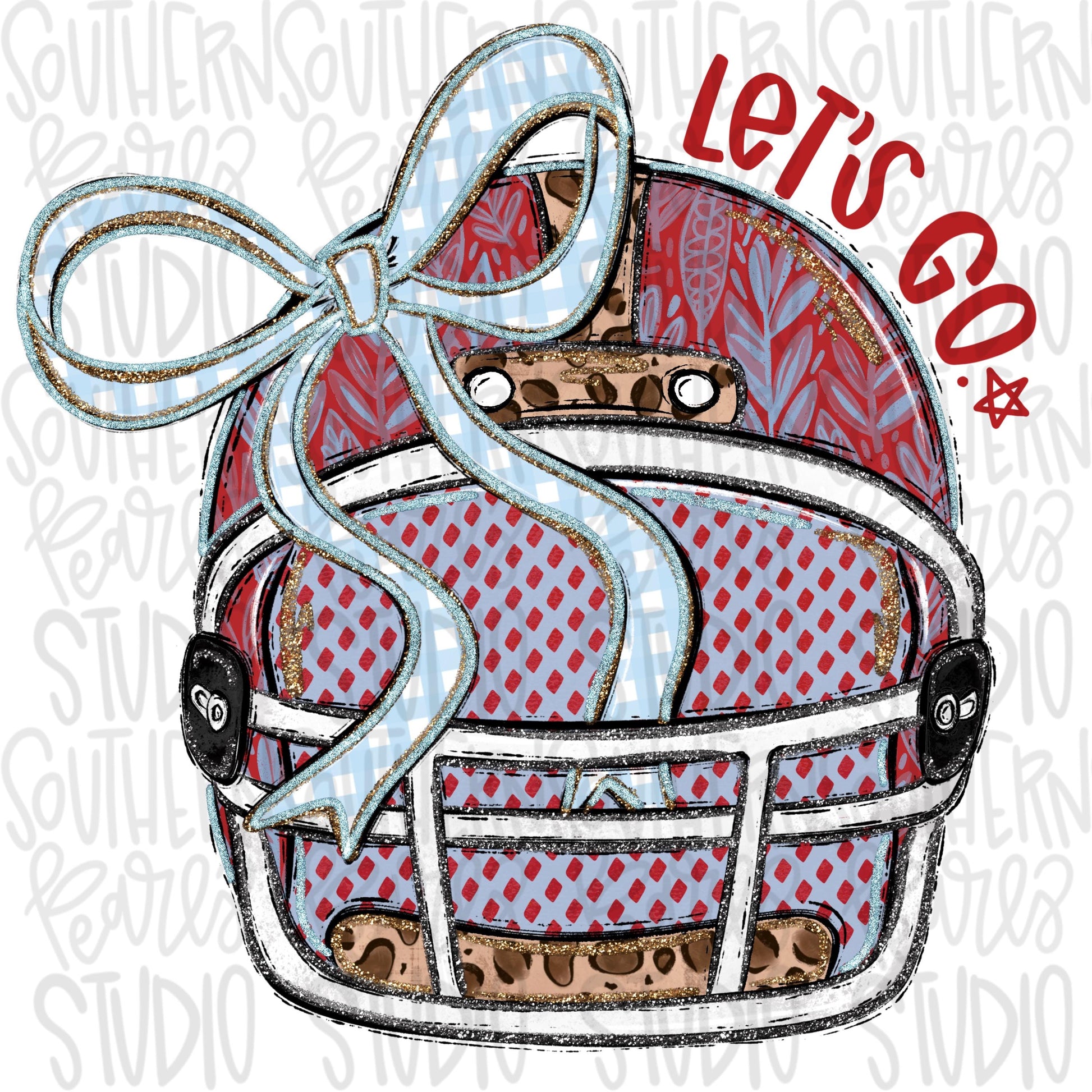 Helmet with bow | Red and Light Blue | leopard and glitter | Lets Go | Go Team | PNG | Sublimation | Design Download