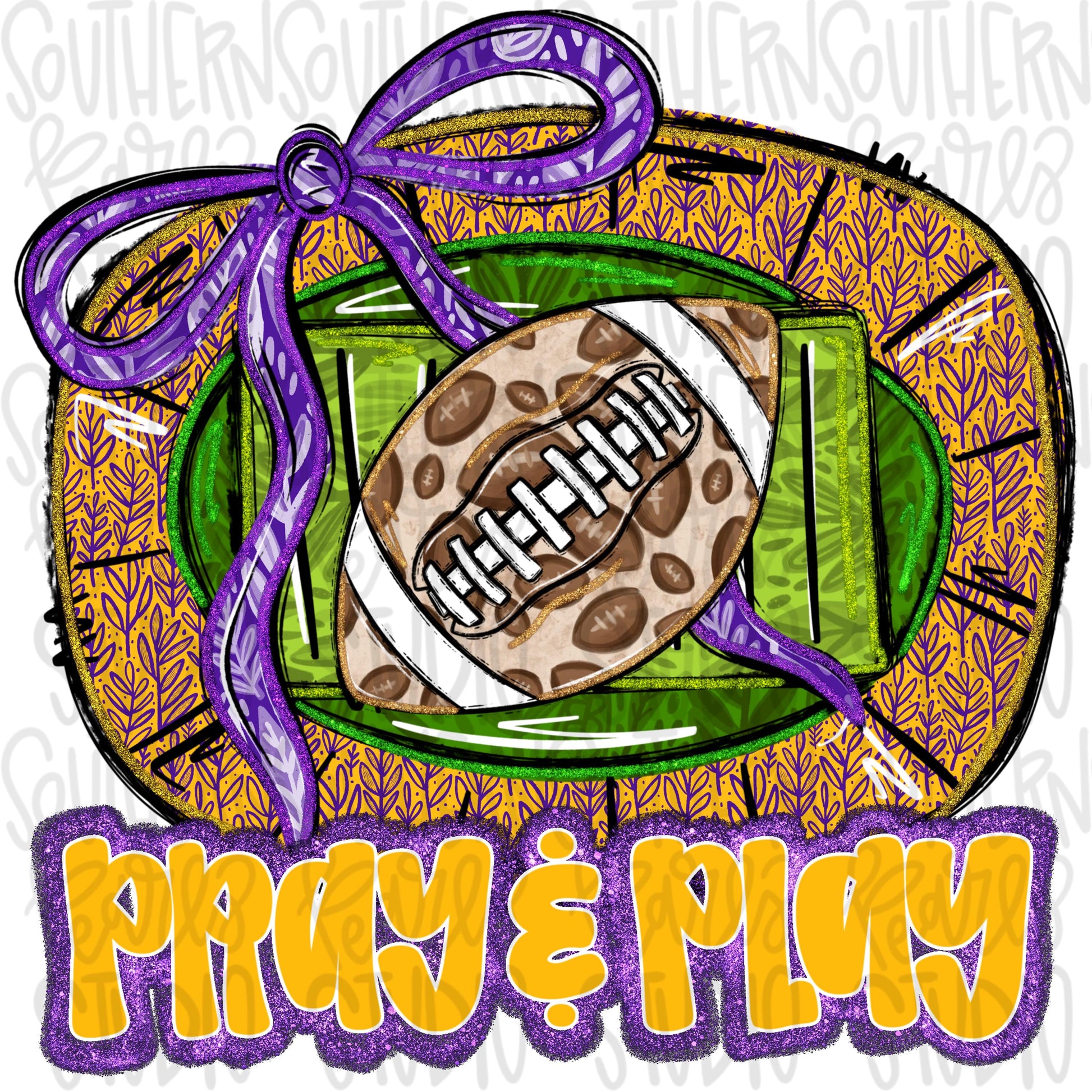 Pray and Play Football Stadium | yellow and purple | leopard and glitter | Lets Go | Go Team | PNG | Sublimation | Design Download