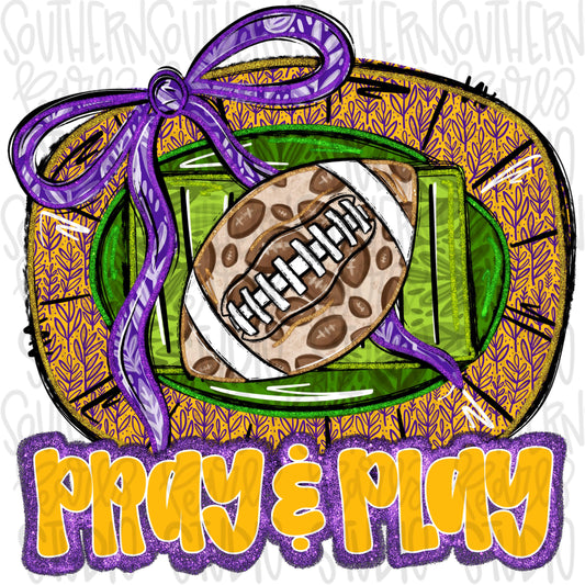 Pray and Play Football Stadium | yellow and purple | leopard and glitter | Lets Go | Go Team | PNG | Sublimation | Design Download