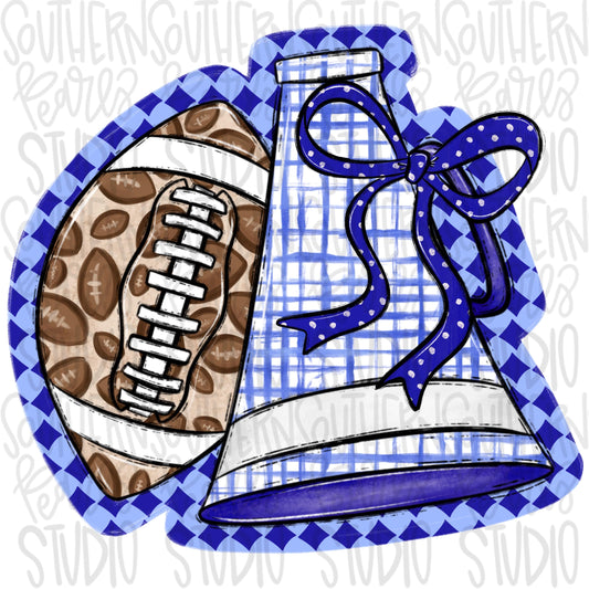 Football and Megaphone with bow | Royal and White | leopard and check | Go Team | PNG | Sublimation | Design Download