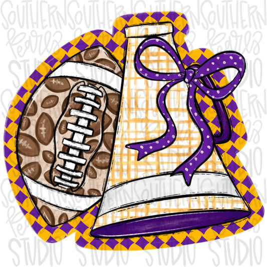 Football and Megaphone with bow | yellow and purple | leopard and check | Go Team | PNG | Sublimation | Design Download