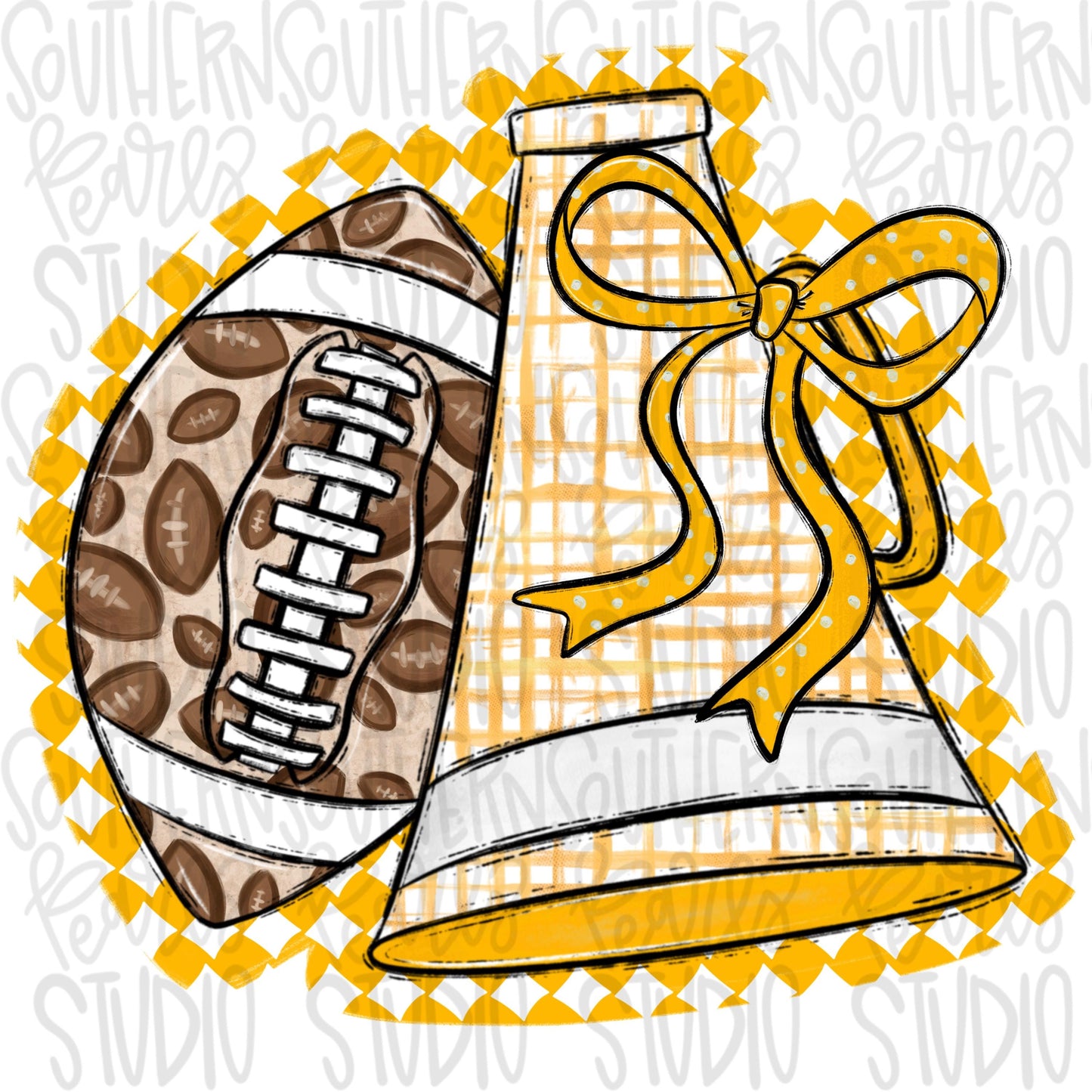 Football and Megaphone with bow | yellow and white | leopard and check | Go Team | PNG | Sublimation | Design Download