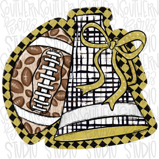Football and Megaphone with bow | Vegas gold and black | leopard and check | Go Team | PNG | Sublimation | Design Download