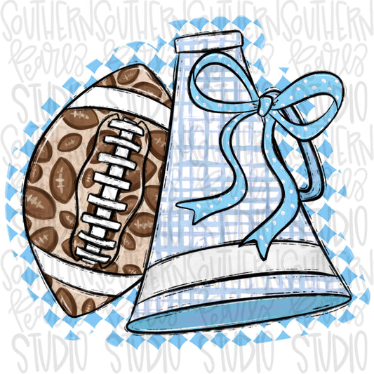 Football and Megaphone with bow | Carolina Blue and white | leopard and check | Go Team | PNG | Sublimation | Design Download